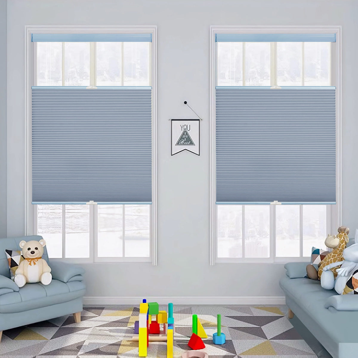 Blue top-down bottom-up cellular honeycomb shade: on paired windows