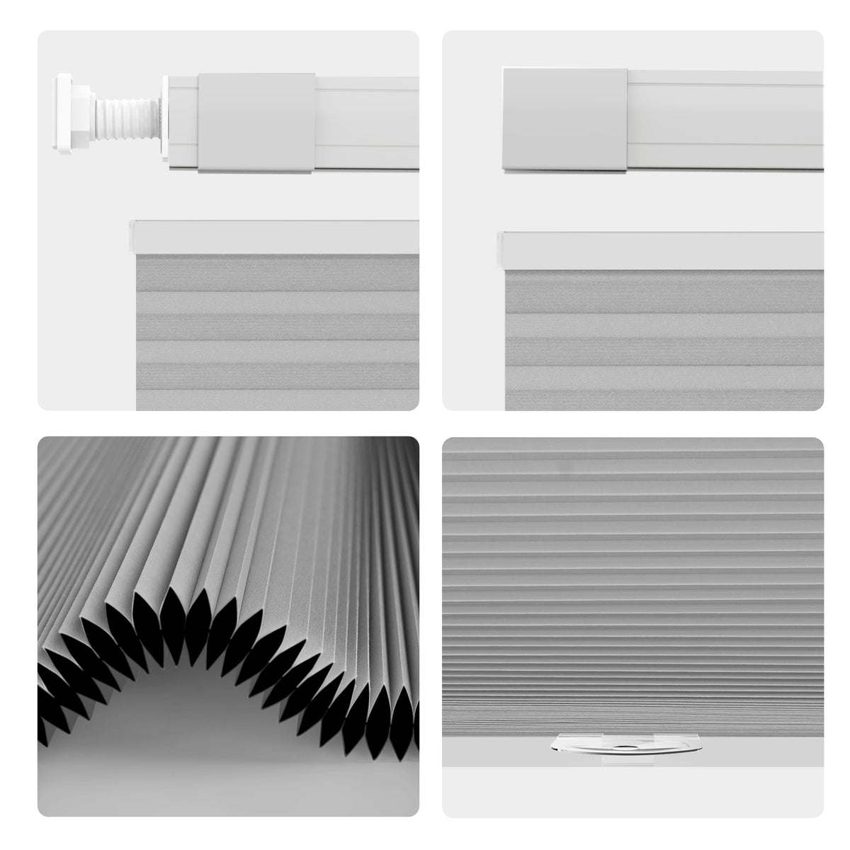 Light gray top-down bottom-up no-drill cellular honeycomb shade: headrail, fabric and bottom rail details