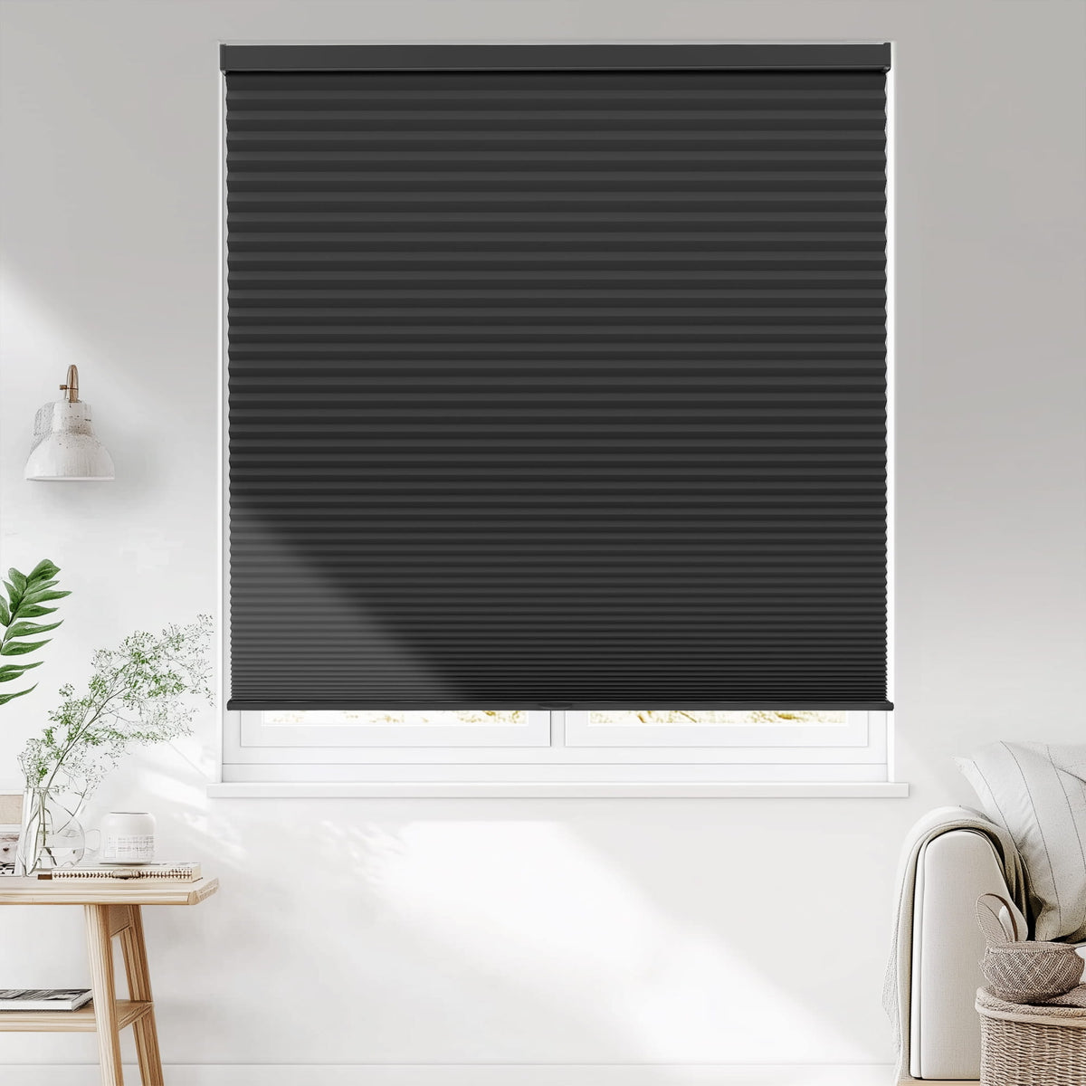 Black cellular honeycomb shade: on a window