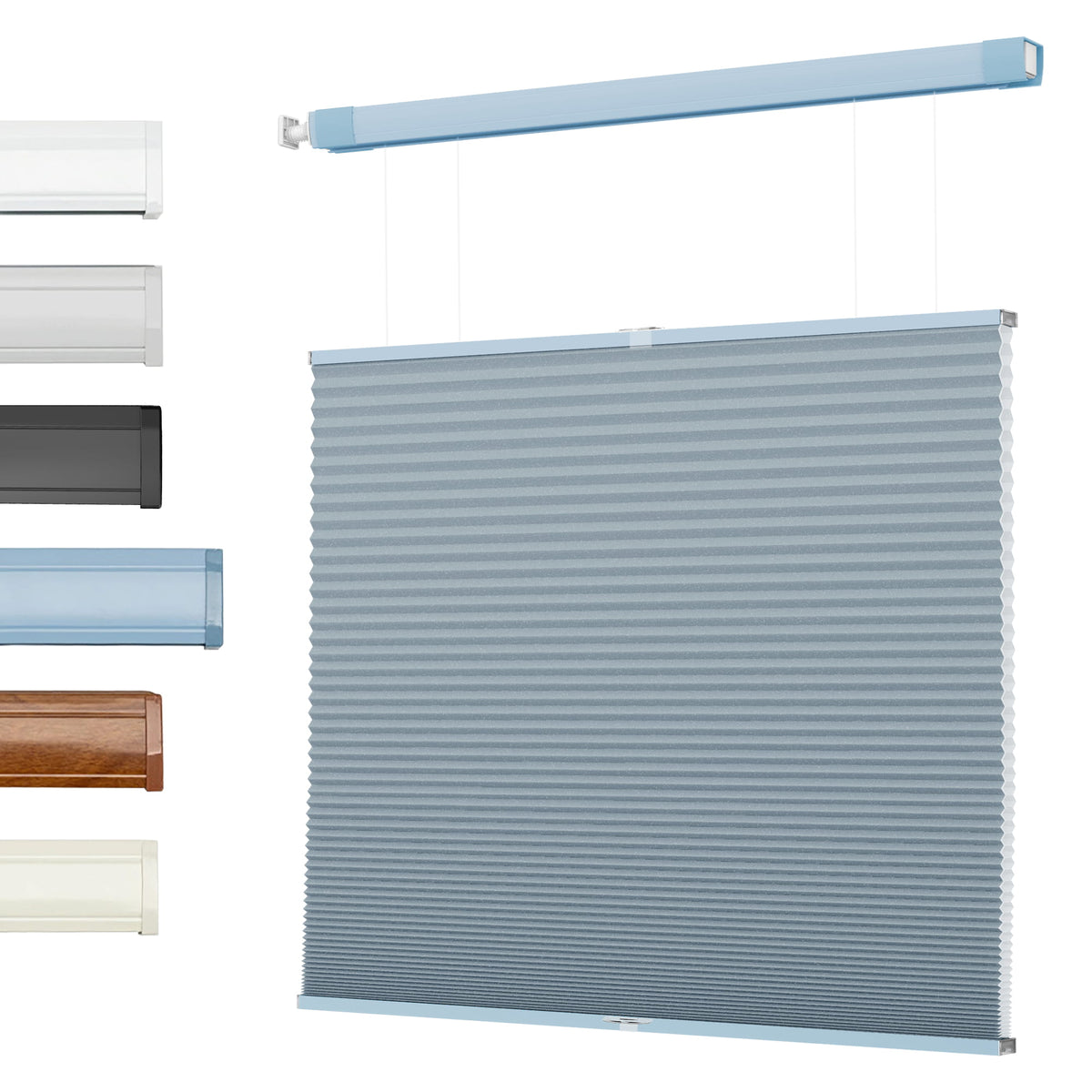 Blue top-down bottom-up no-drill cellular honeycomb shade: front product view