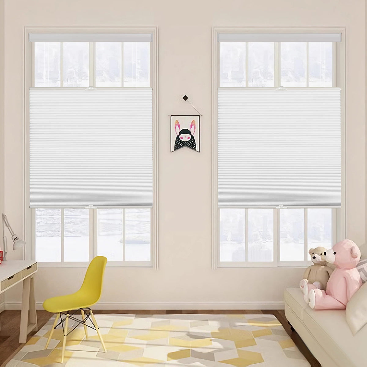 White top-down bottom-up cellular honeycomb shade: on paired windows