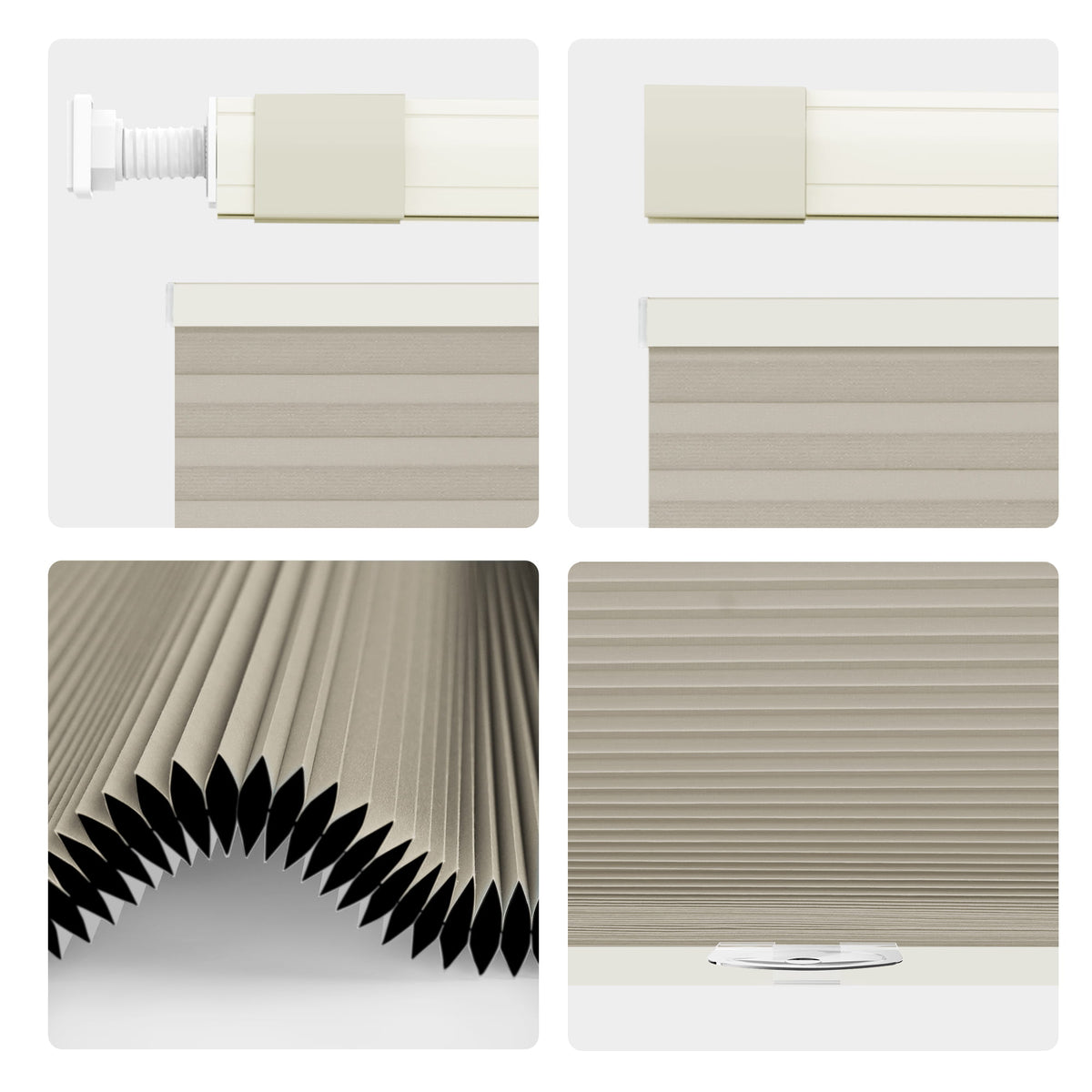 Beige top-down bottom-up no-drill cellular honeycomb shade: headrail, fabric and bottom rail details