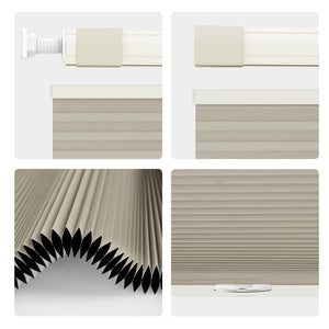Beige top-down bottom-up no-drill cellular honeycomb shade: headrail, fabric and bottom rail details