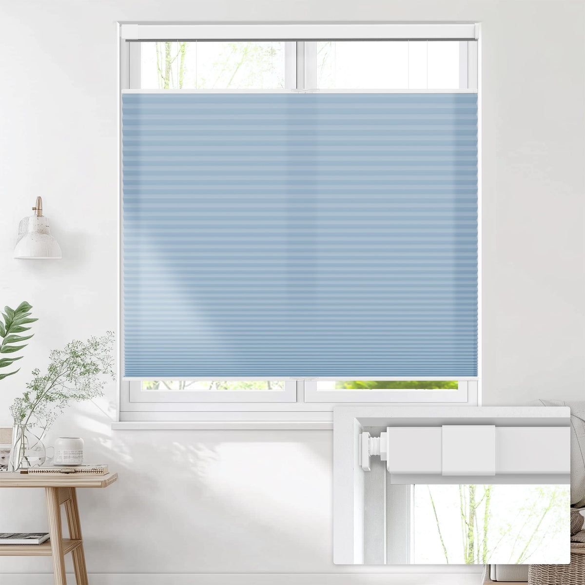 Blue top-down bottom-up no-drill cellular honeycomb shade: on a window