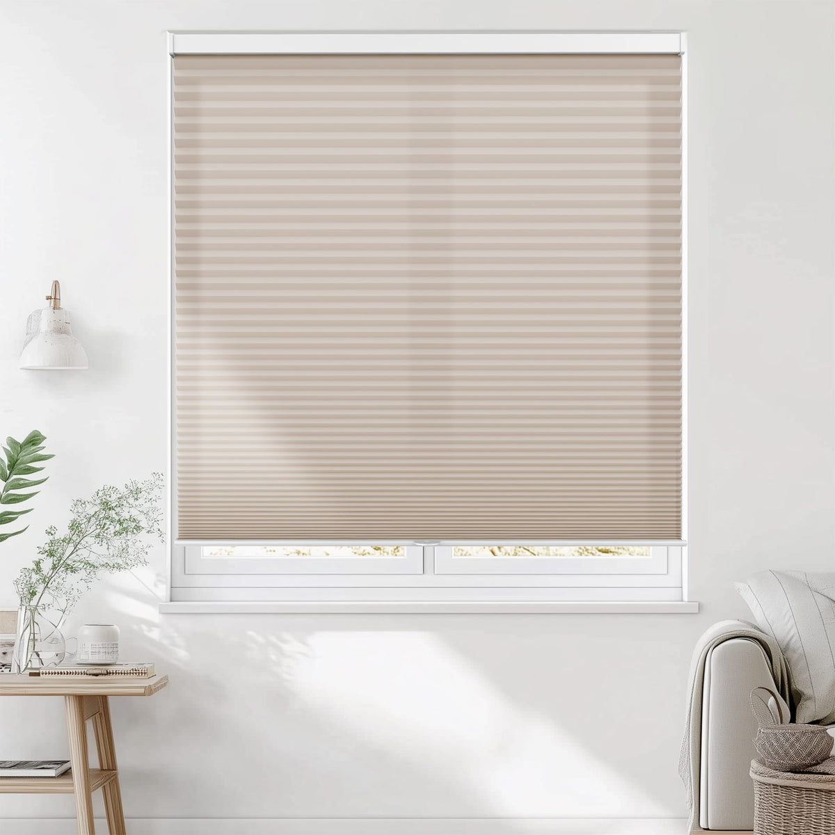 Taupe cellular honeycomb shade: on a window