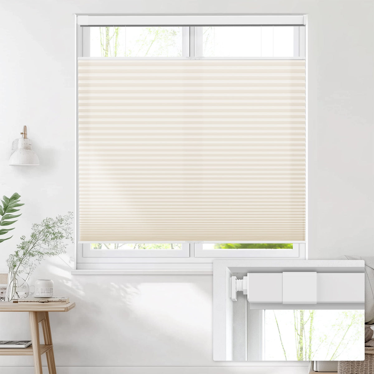 Cream top-down bottom-up no-drill cellular honeycomb shade: on a window