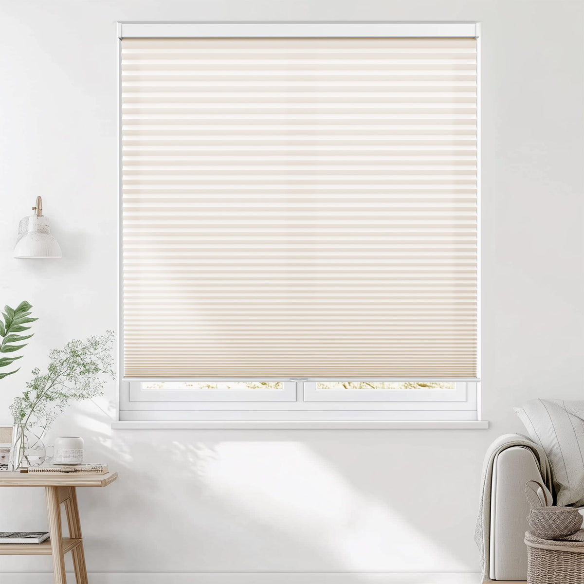 Cream cellular honeycomb shade: on a window