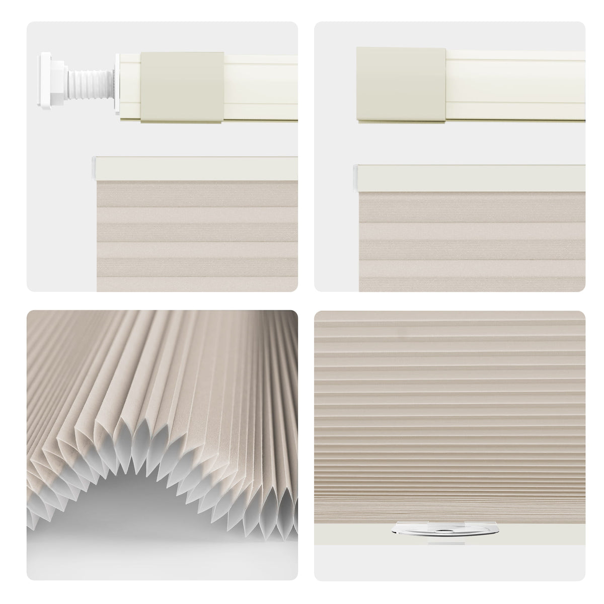 Beige top-down bottom-up no-drill cellular honeycomb shade: headrail, fabric and bottom rail details