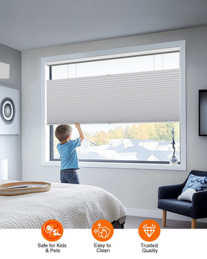 Gray top-down bottom-up cellular honeycomb shade: cordless lift operation