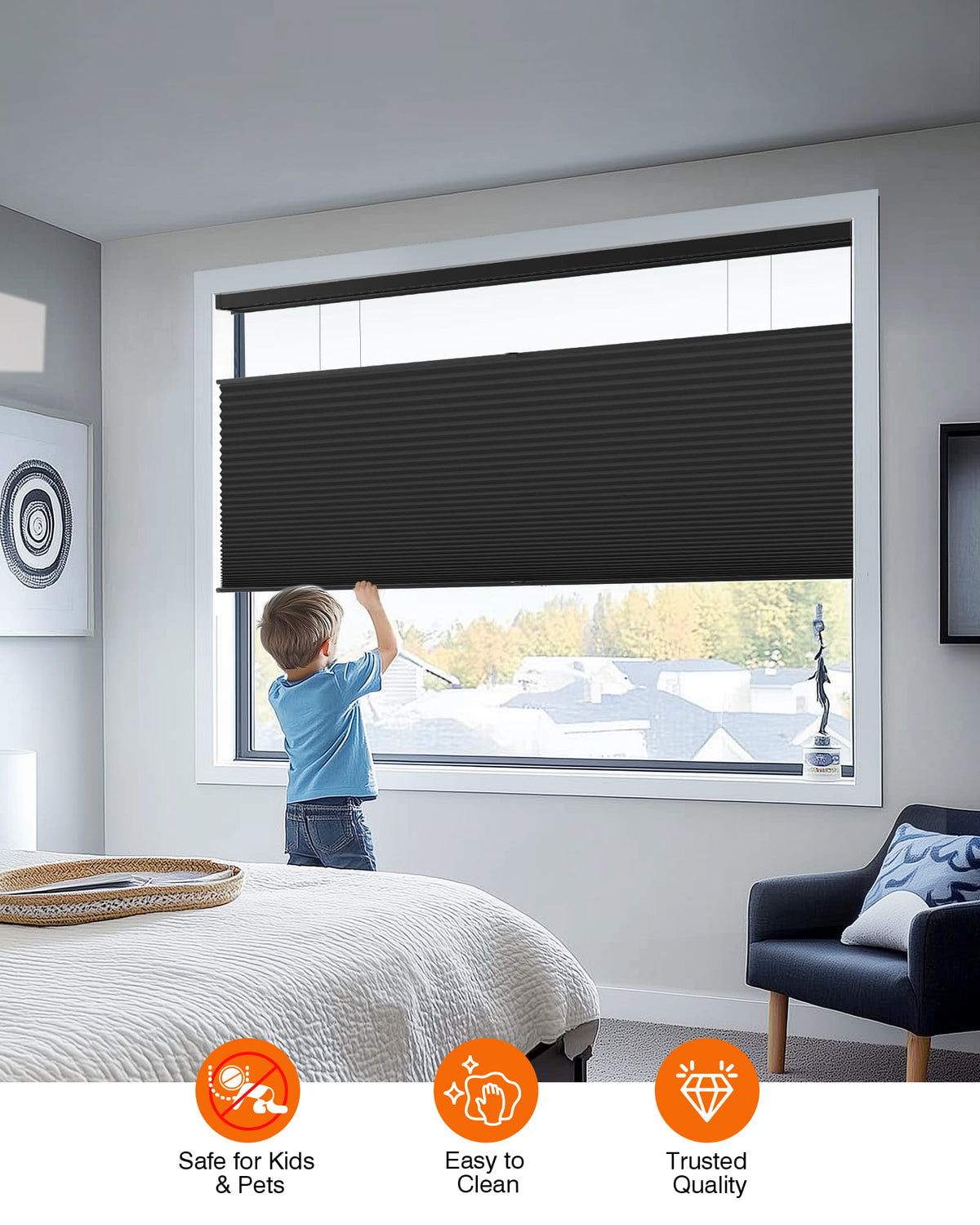 Black top-down bottom-up cellular honeycomb shade: cordless lift operation