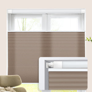 Brown top-down bottom-up no-drill cellular honeycomb shade: on a window