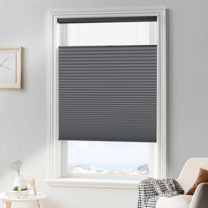 Dark gray top-down bottom-up cellular honeycomb shade: in a furnished room