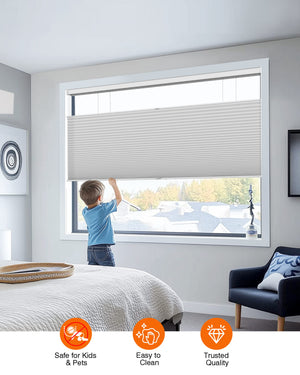 Gray top-down bottom-up cellular honeycomb shade: cordless lift operation