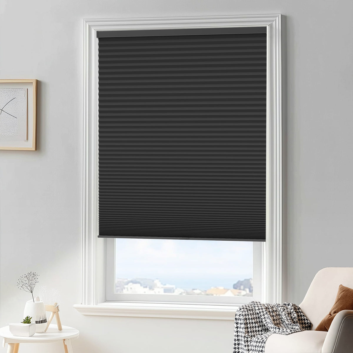 Black cellular honeycomb shade: in a furnished room