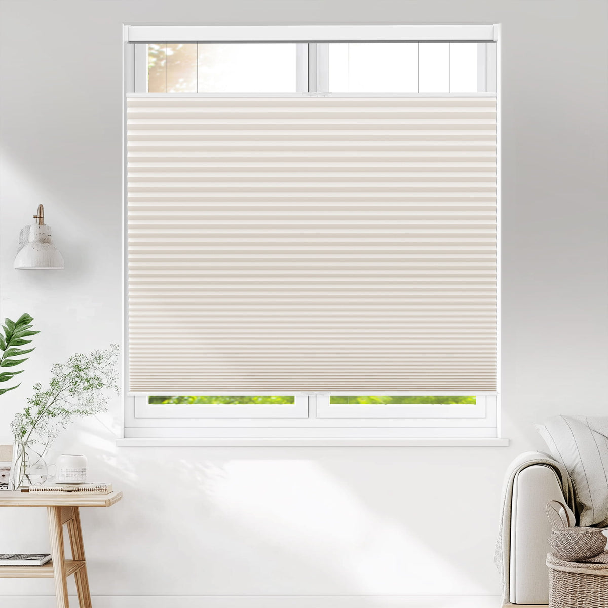 Cream top-down bottom-up cellular honeycomb shade: on a window