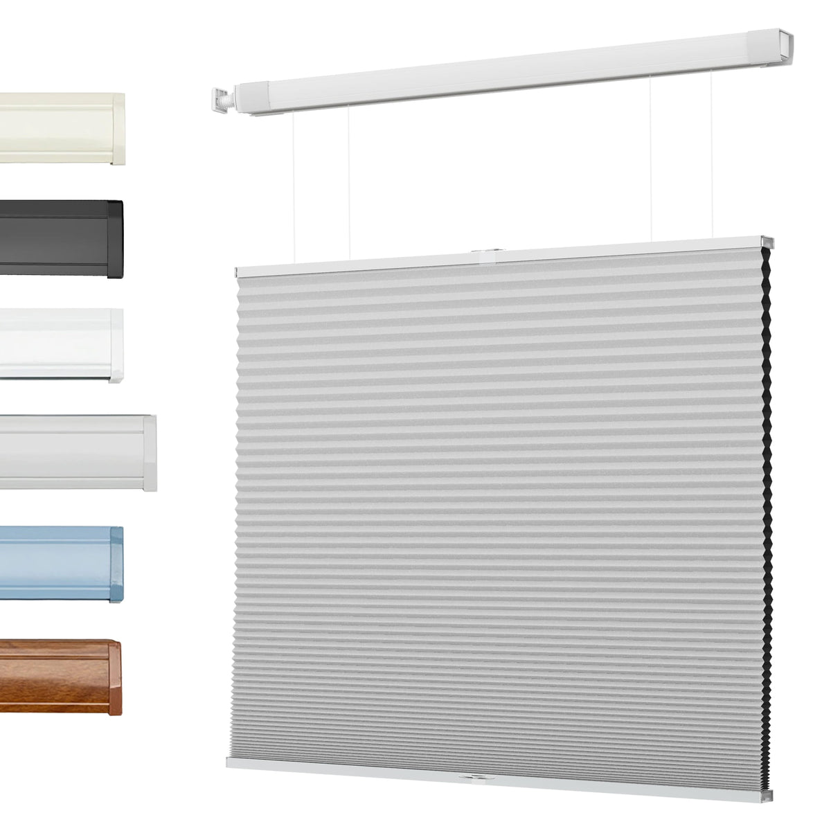 Light gray top-down bottom-up no-drill cellular honeycomb shade: front product view