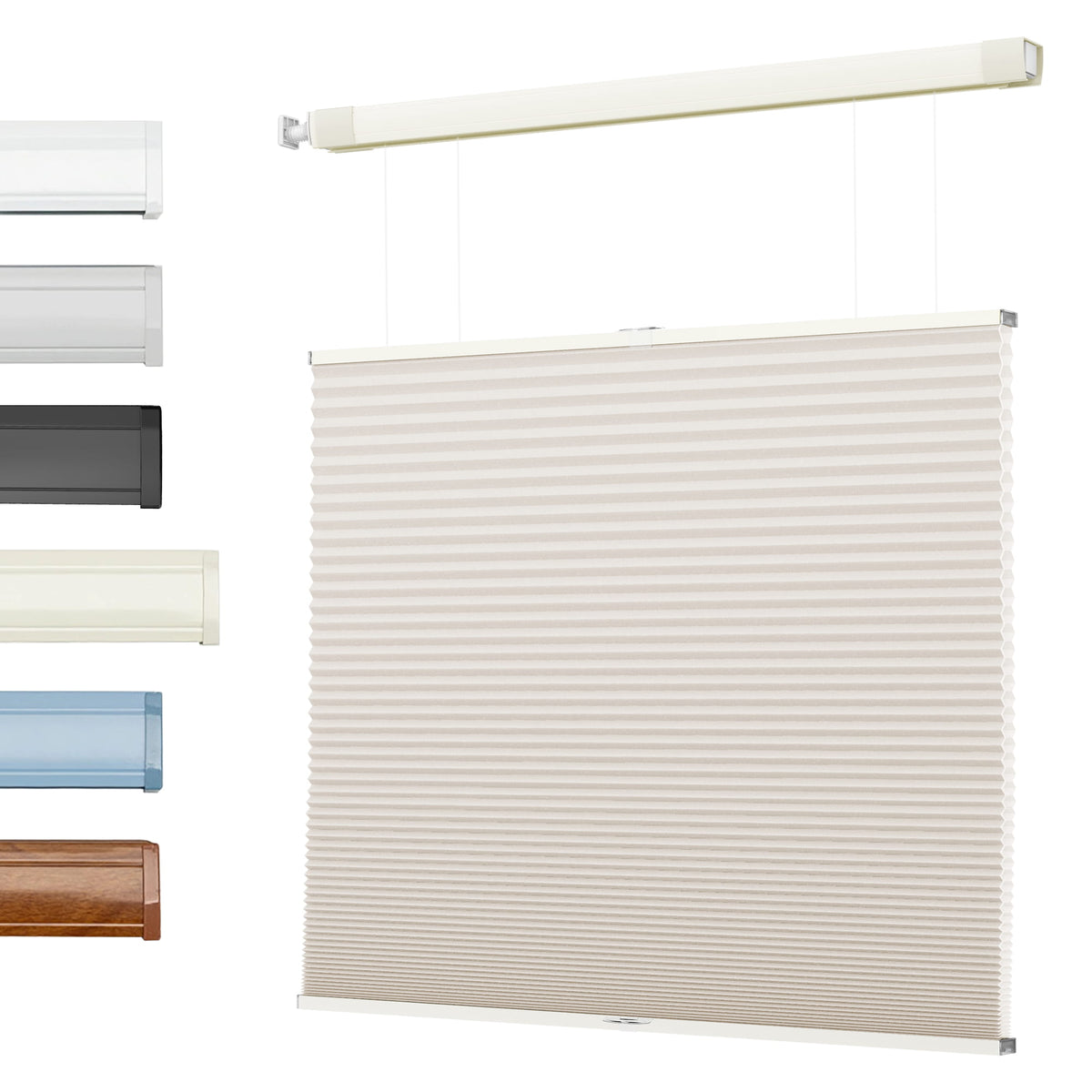 Beige top-down bottom-up no-drill cellular honeycomb shade: front product view