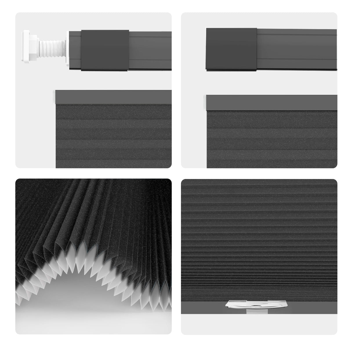 Black top-down bottom-up no-drill cellular honeycomb shade: headrail, fabric and bottom rail details