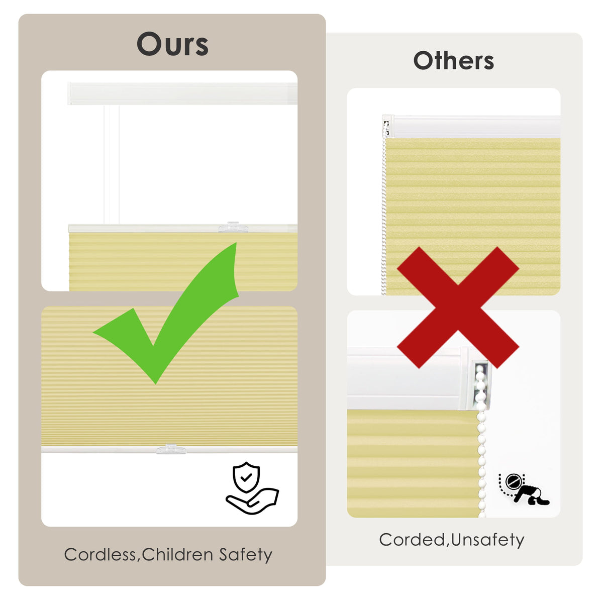 Yellow top-down bottom-up cellular honeycomb shade: cordless and corded design comparison
