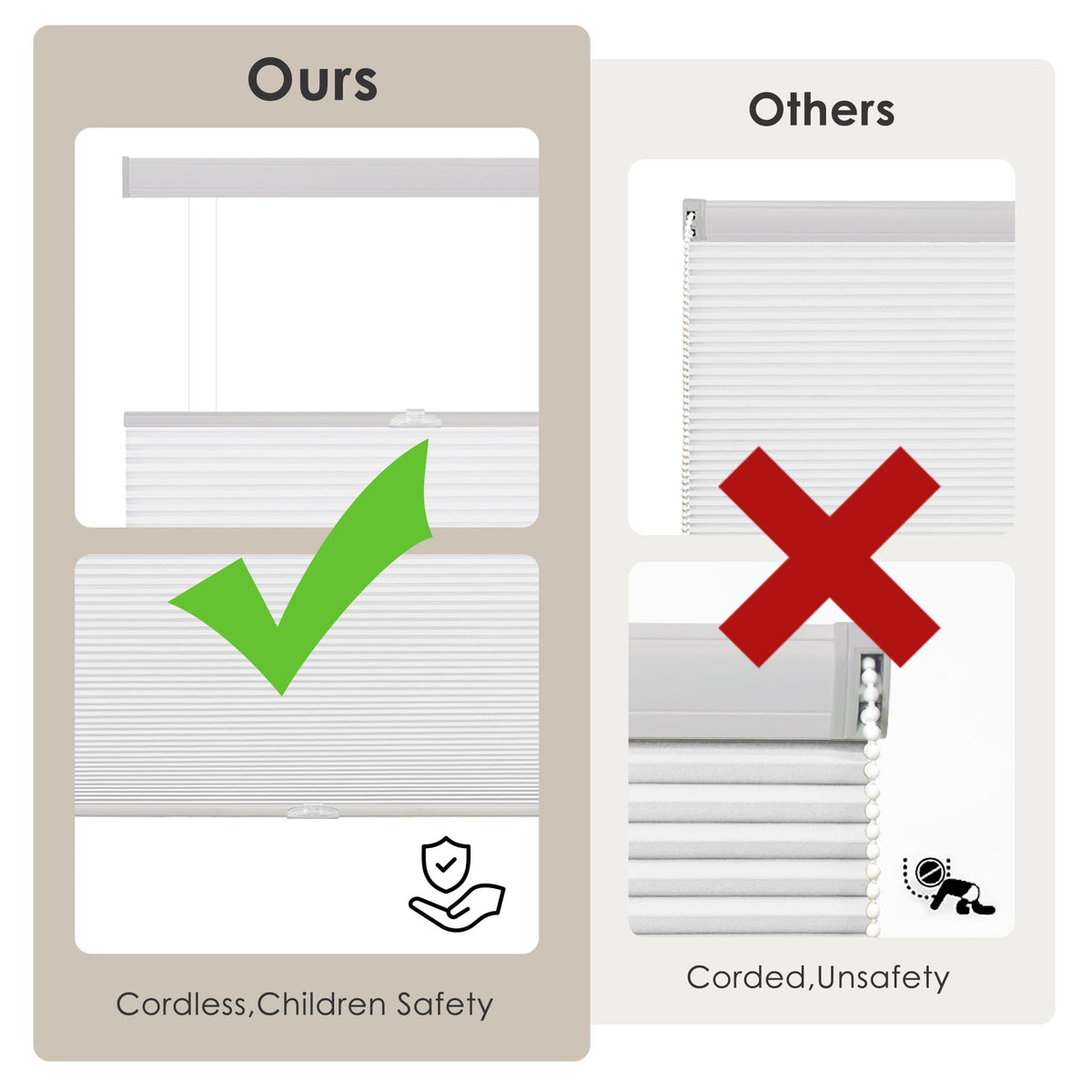 White top-down bottom-up cellular honeycomb shade: cordless and corded design comparison