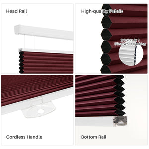 Burgundy top-down bottom-up cellular honeycomb shade: headrail, fabric and bottom rail details