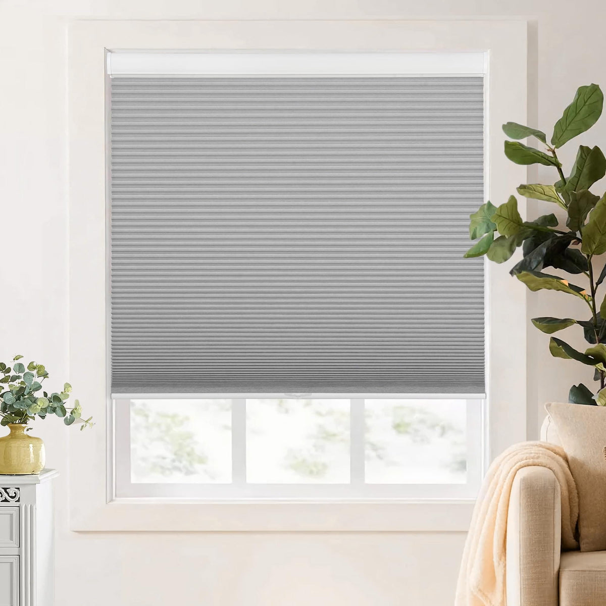 Gray cellular honeycomb shade: on a window