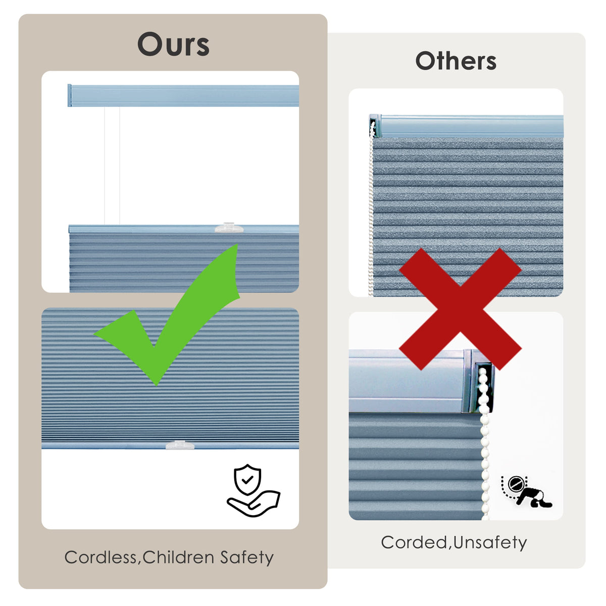 Blue top-down bottom-up cellular honeycomb shade: cordless and corded design comparison