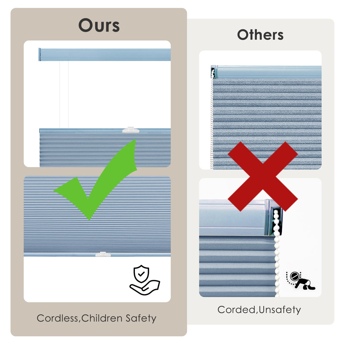 Blue top-down bottom-up cellular honeycomb shade: cordless and corded design comparison