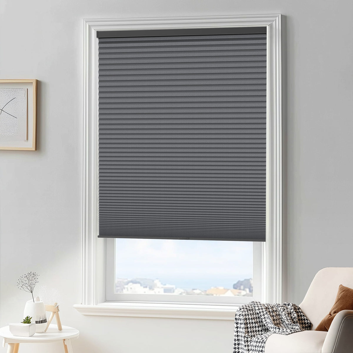 Dark gray cellular honeycomb shade: in a furnished room