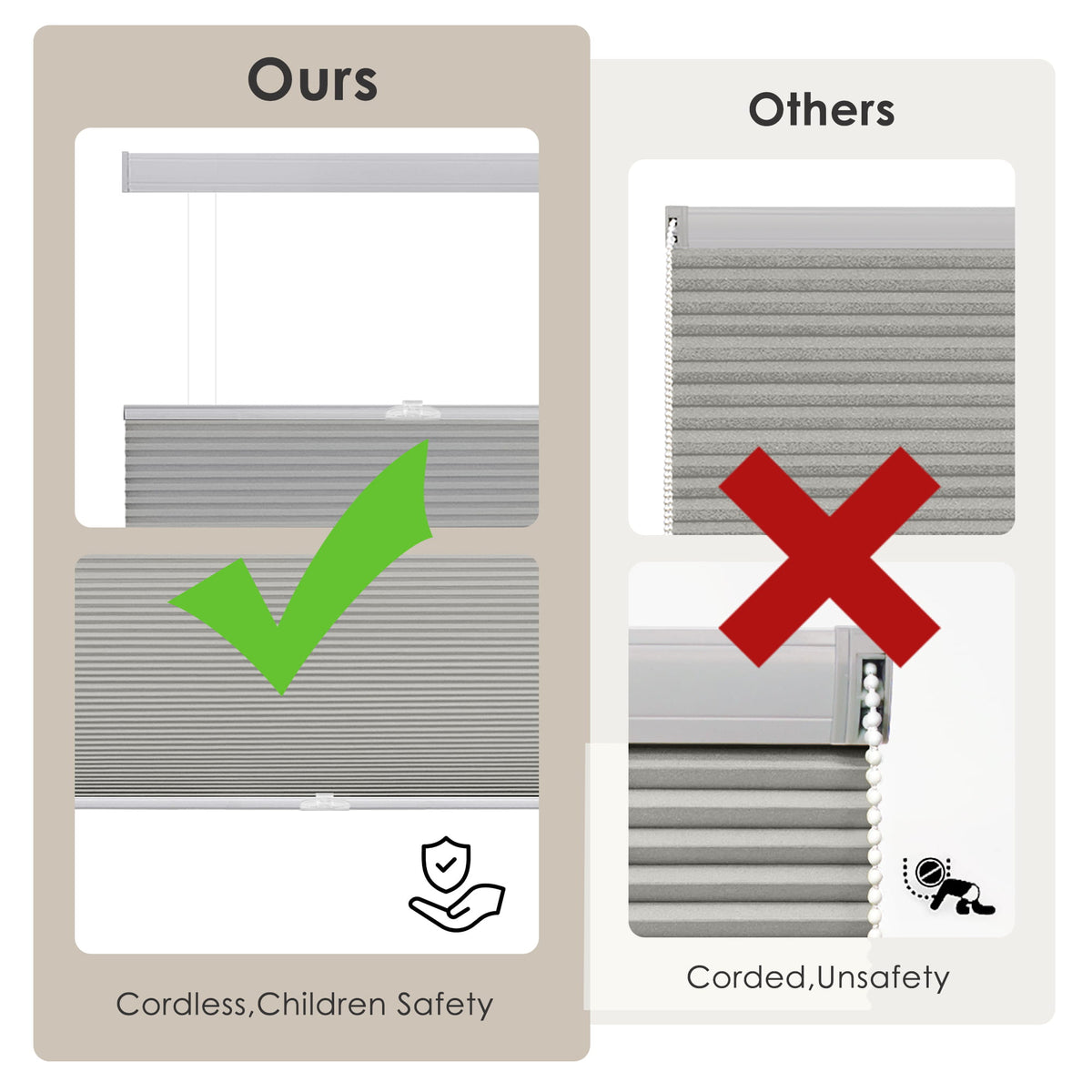 Gray top-down bottom-up cellular honeycomb shade: cordless and corded design comparison