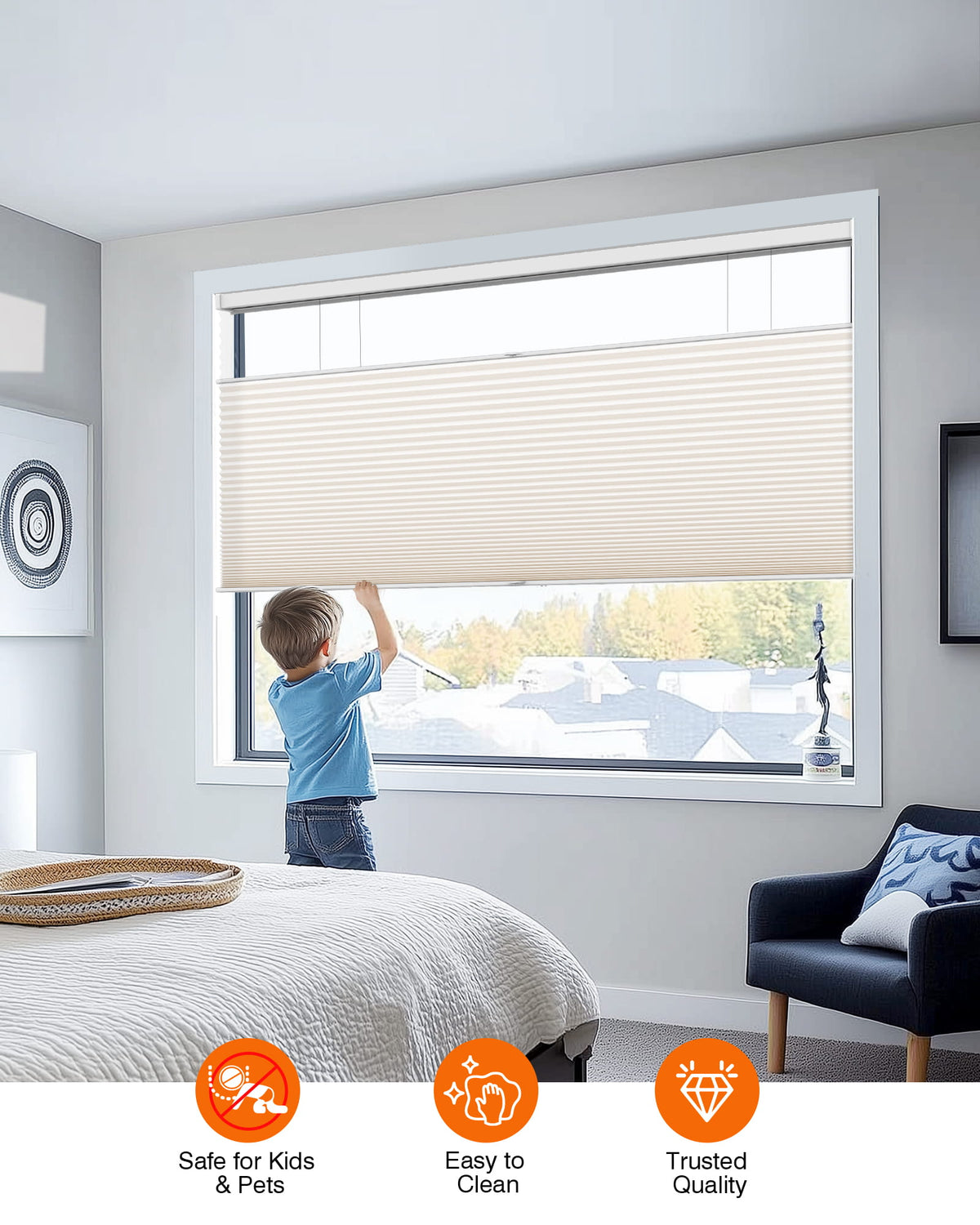 Cream top-down bottom-up cellular honeycomb shade: cordless lift operation