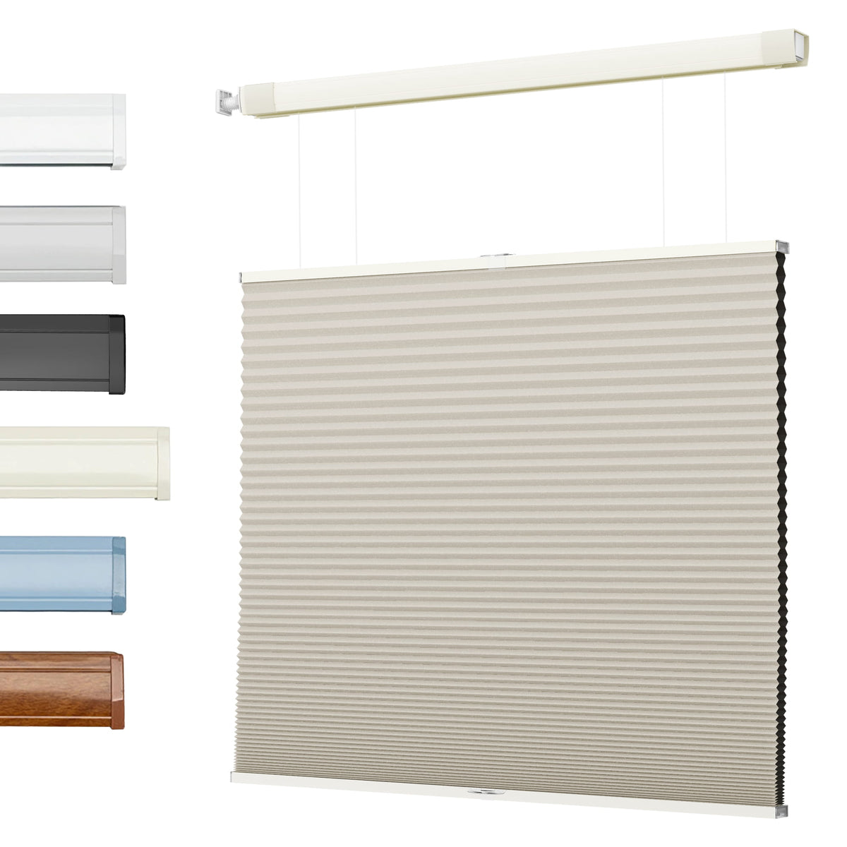 Beige top-down bottom-up no-drill cellular honeycomb shade: front product view
