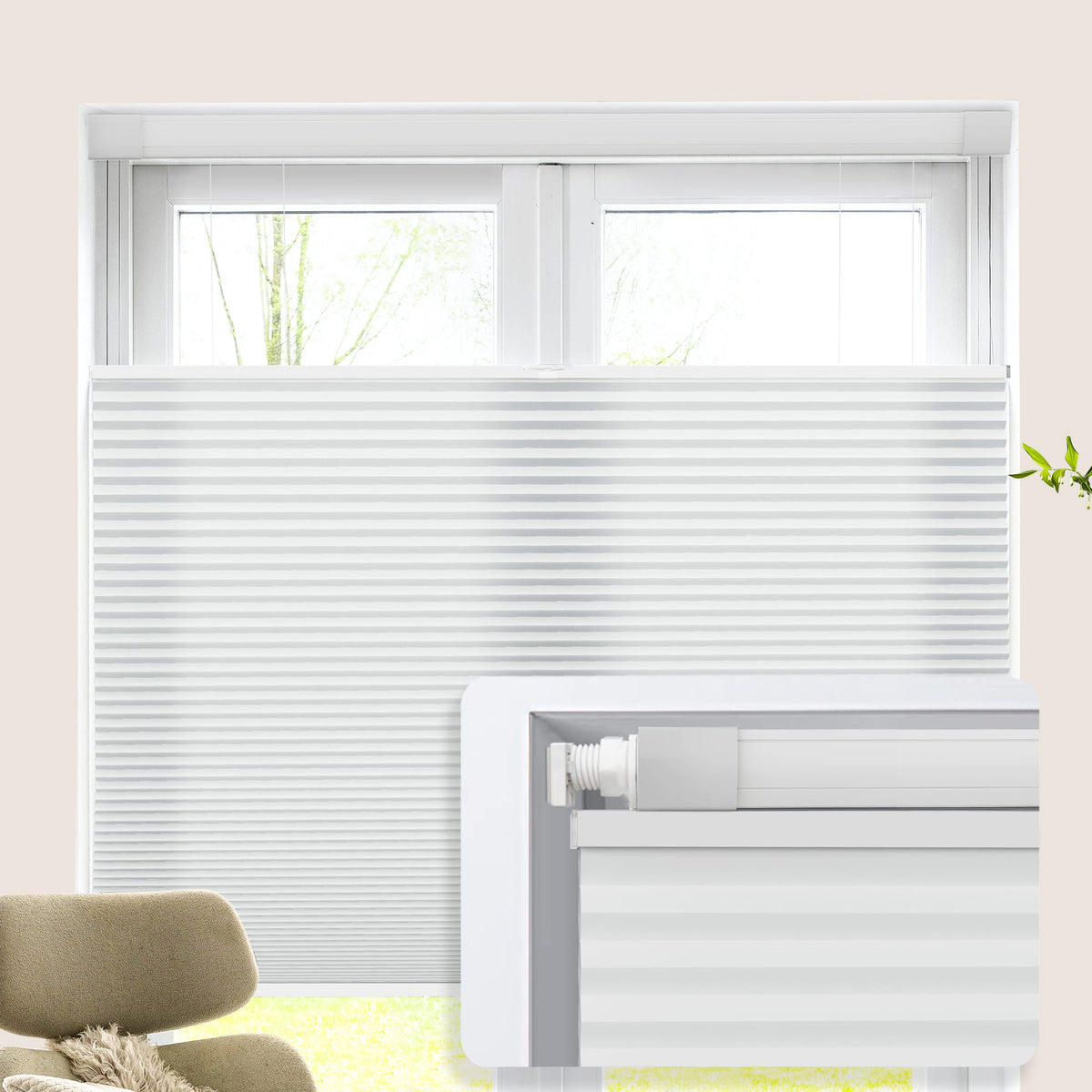 Light gray top-down bottom-up no-drill cellular honeycomb shade: on a window