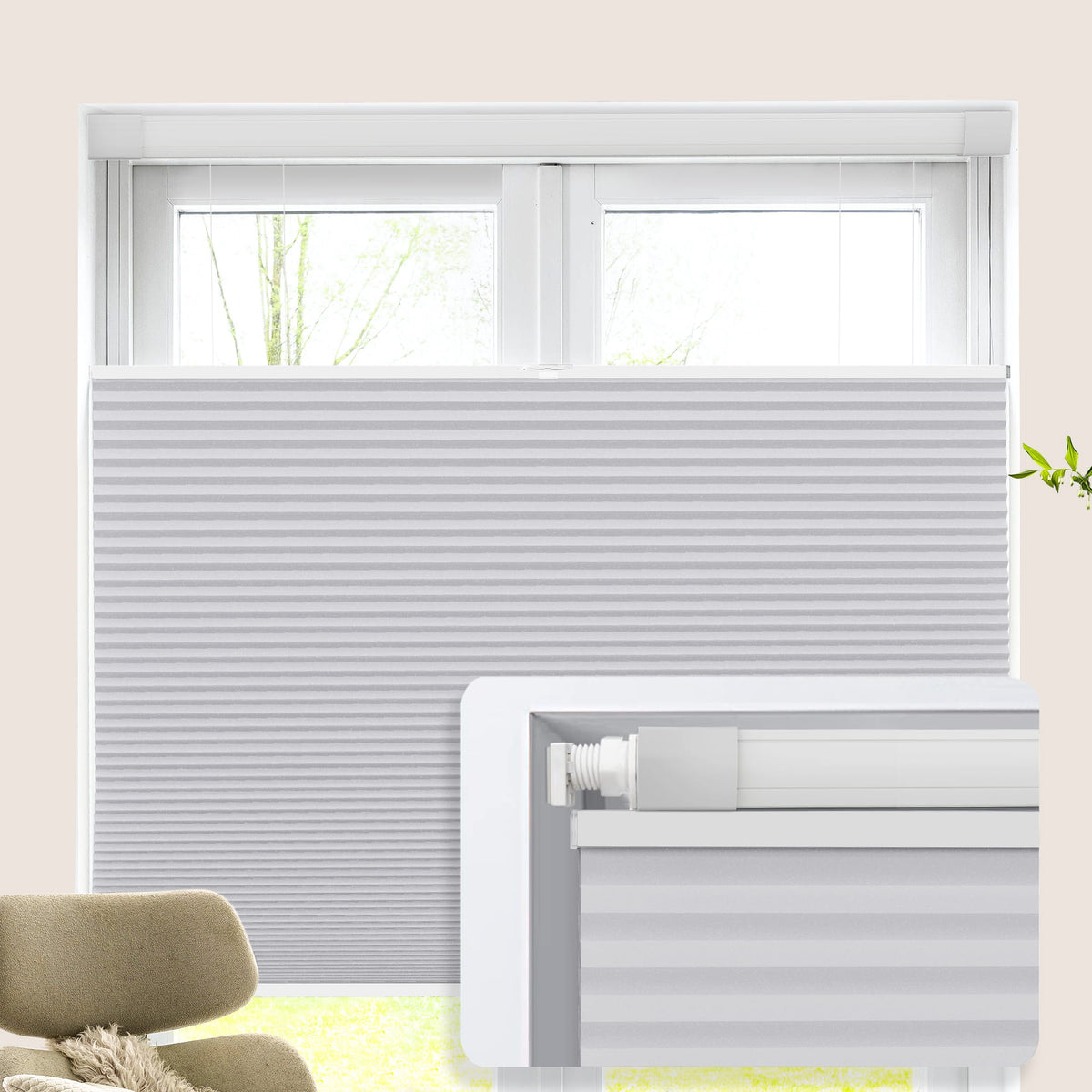 Gray top-down bottom-up no-drill cellular honeycomb shade: on a window