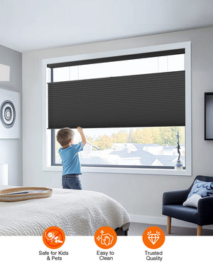 Black top-down bottom-up cellular honeycomb shade: cordless lift operation
