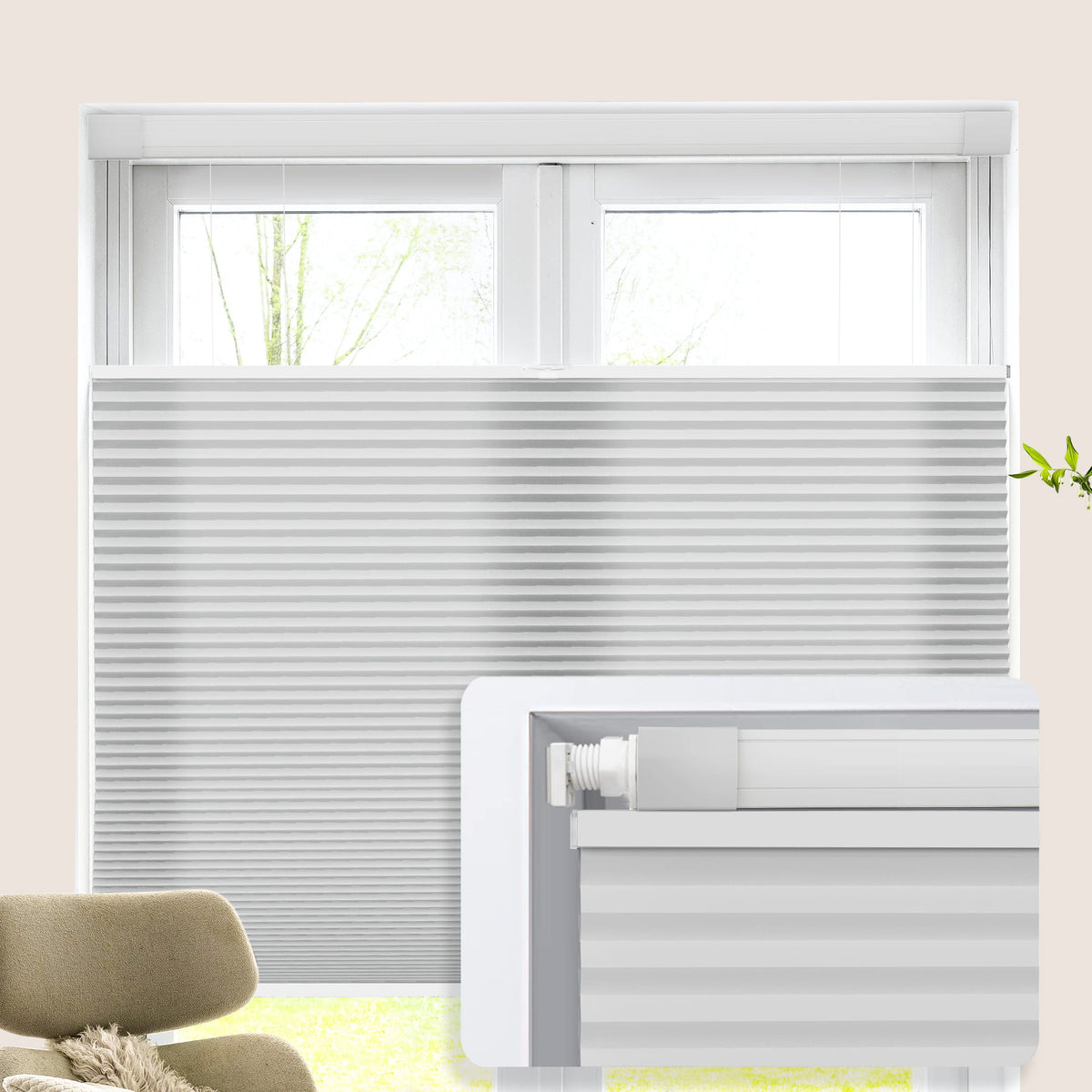Gray top-down bottom-up no-drill cellular honeycomb shade: on a window