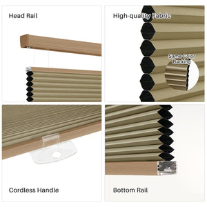 Brown top-down bottom-up cellular honeycomb shade: headrail, fabric and bottom rail details