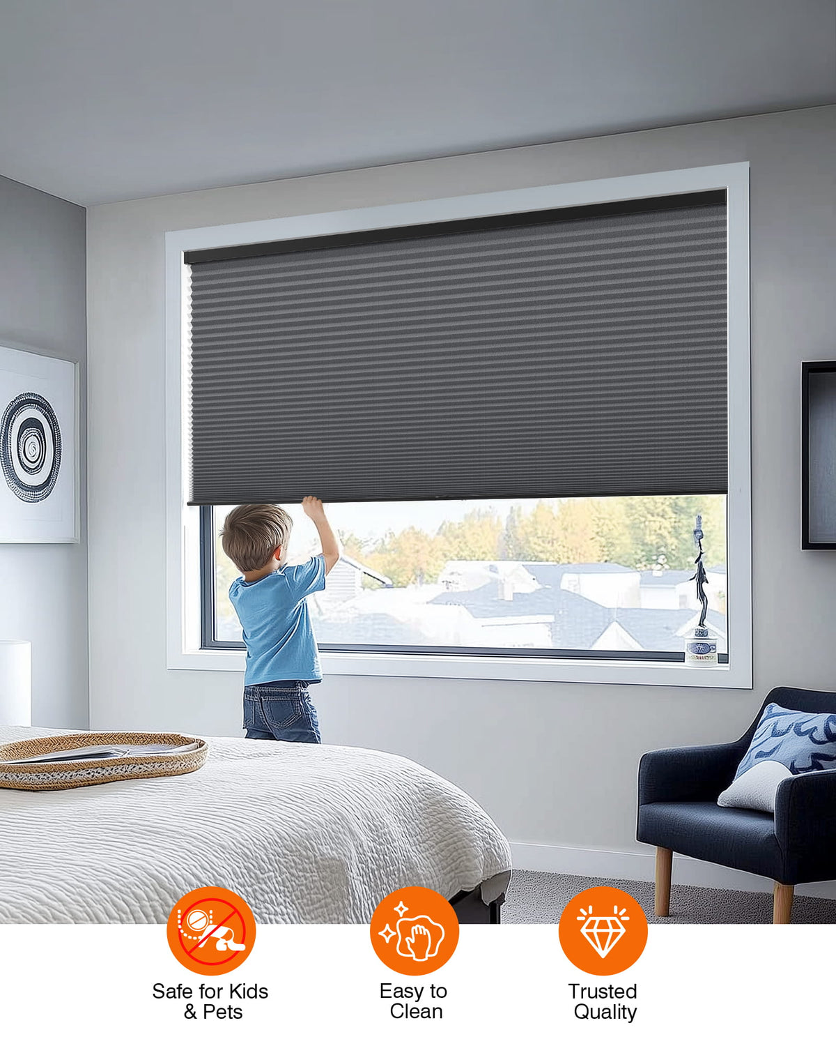 Dark gray cellular honeycomb shade: cordless lift operation