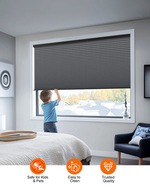 Dark gray cellular honeycomb shade: cordless lift operation
