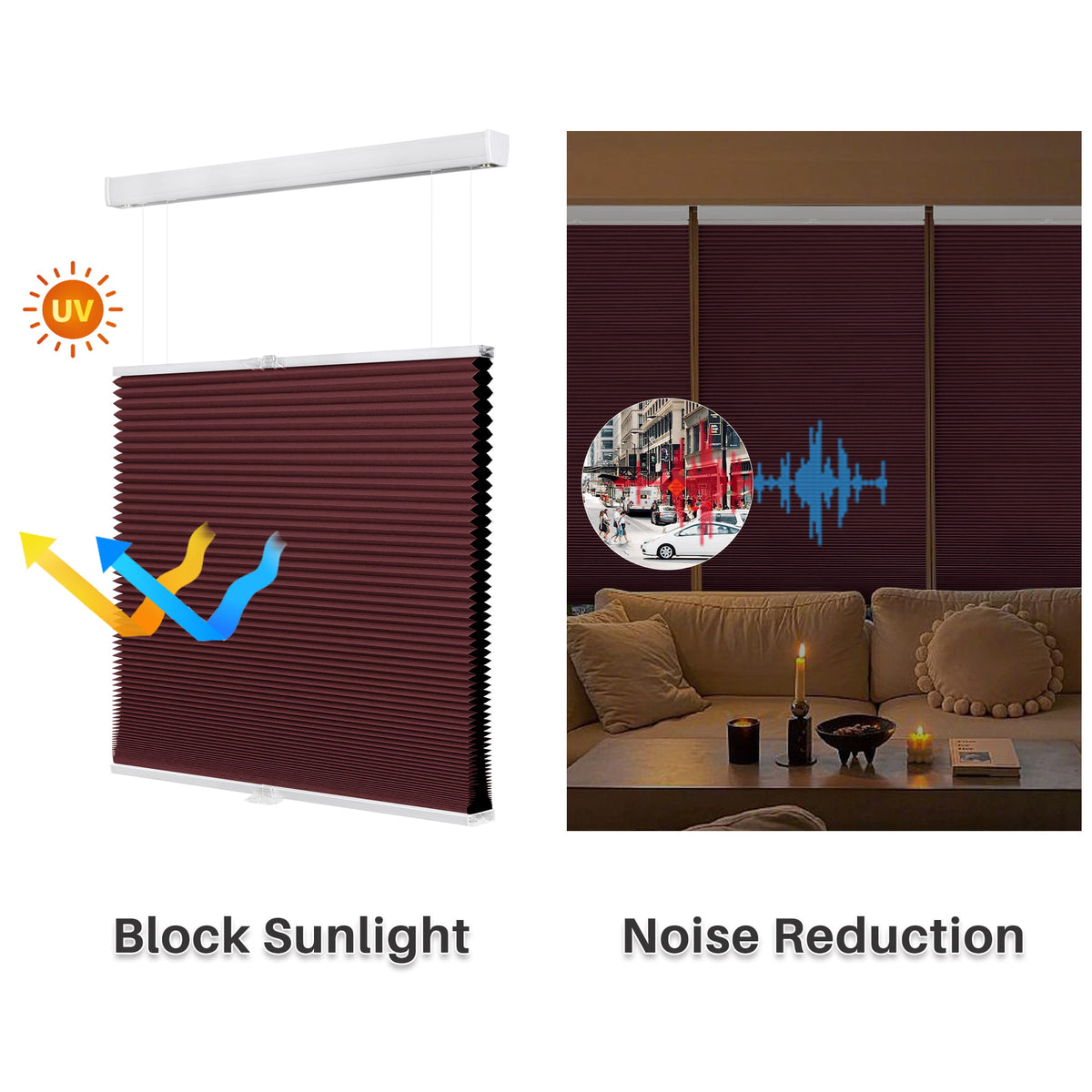 Burgundy top-down bottom-up cellular honeycomb shade: comparison of light passing through the fabric