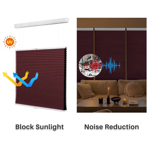 Burgundy top-down bottom-up cellular honeycomb shade: comparison of light passing through the fabric