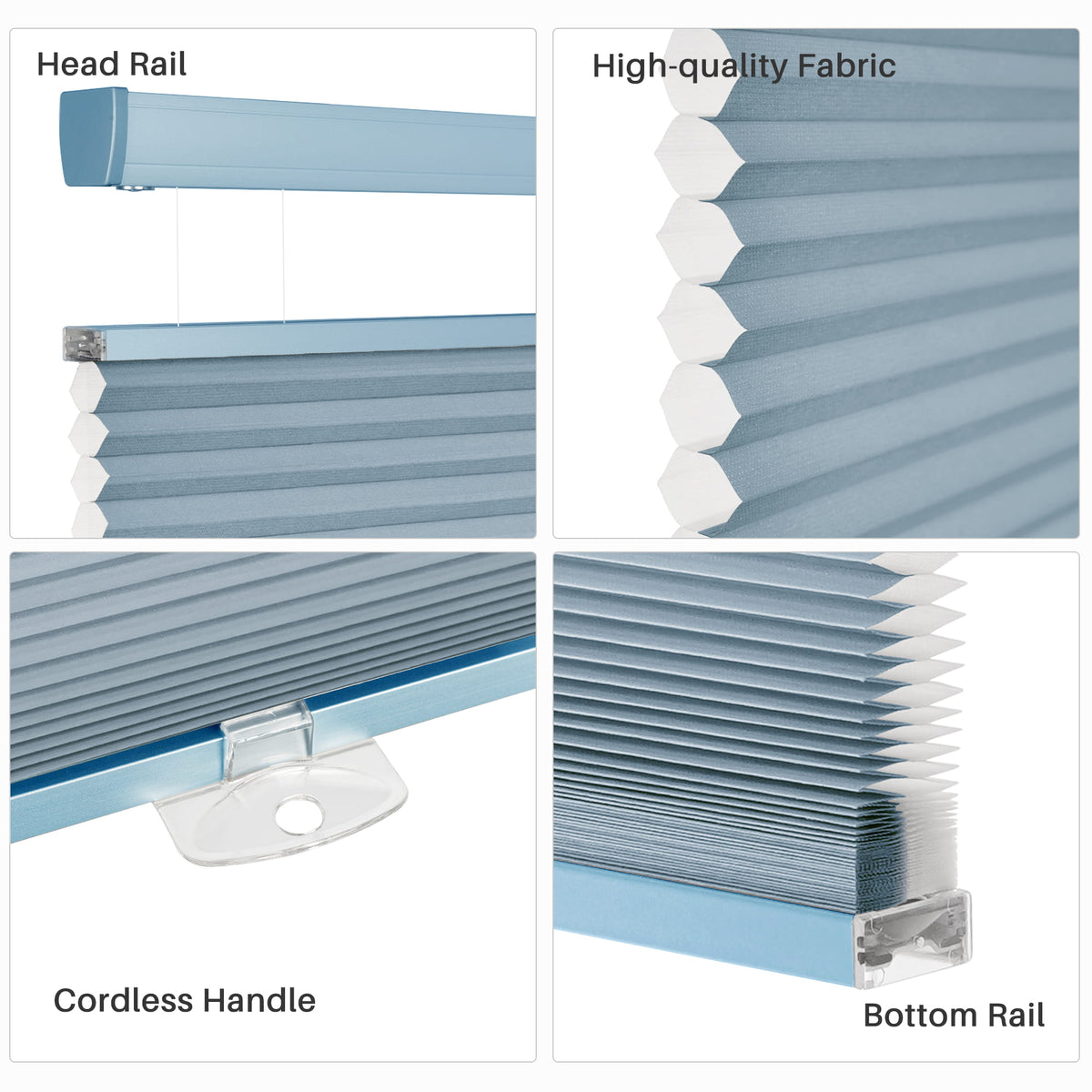 Blue top-down bottom-up cellular honeycomb shade: headrail, fabric and bottom rail details
