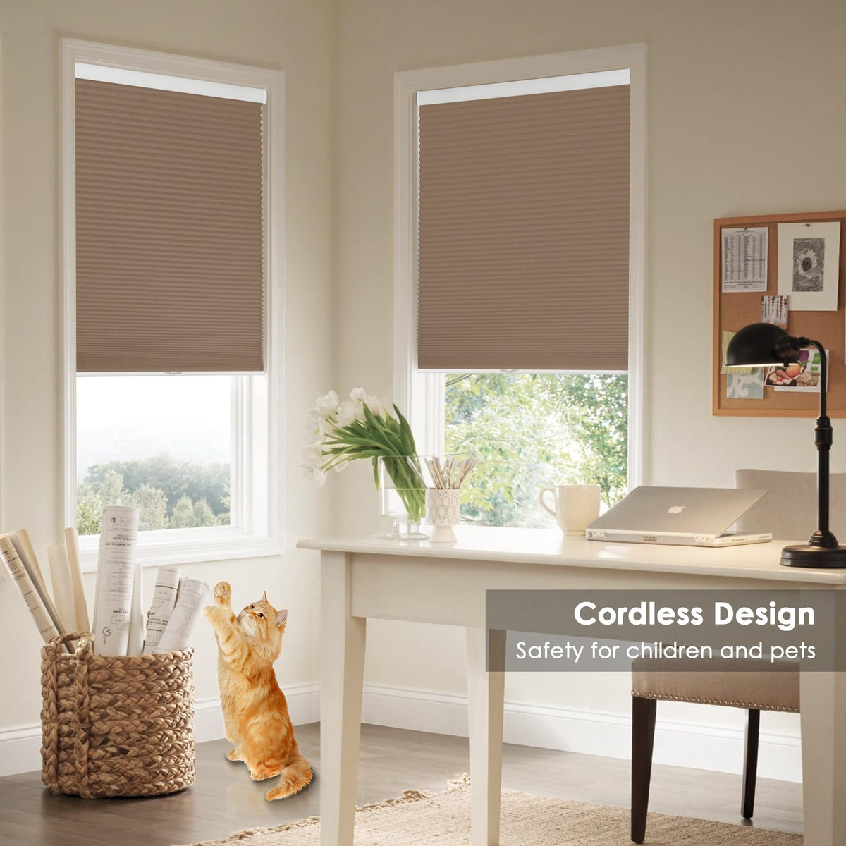 Brown cellular honeycomb shade: on paired windows