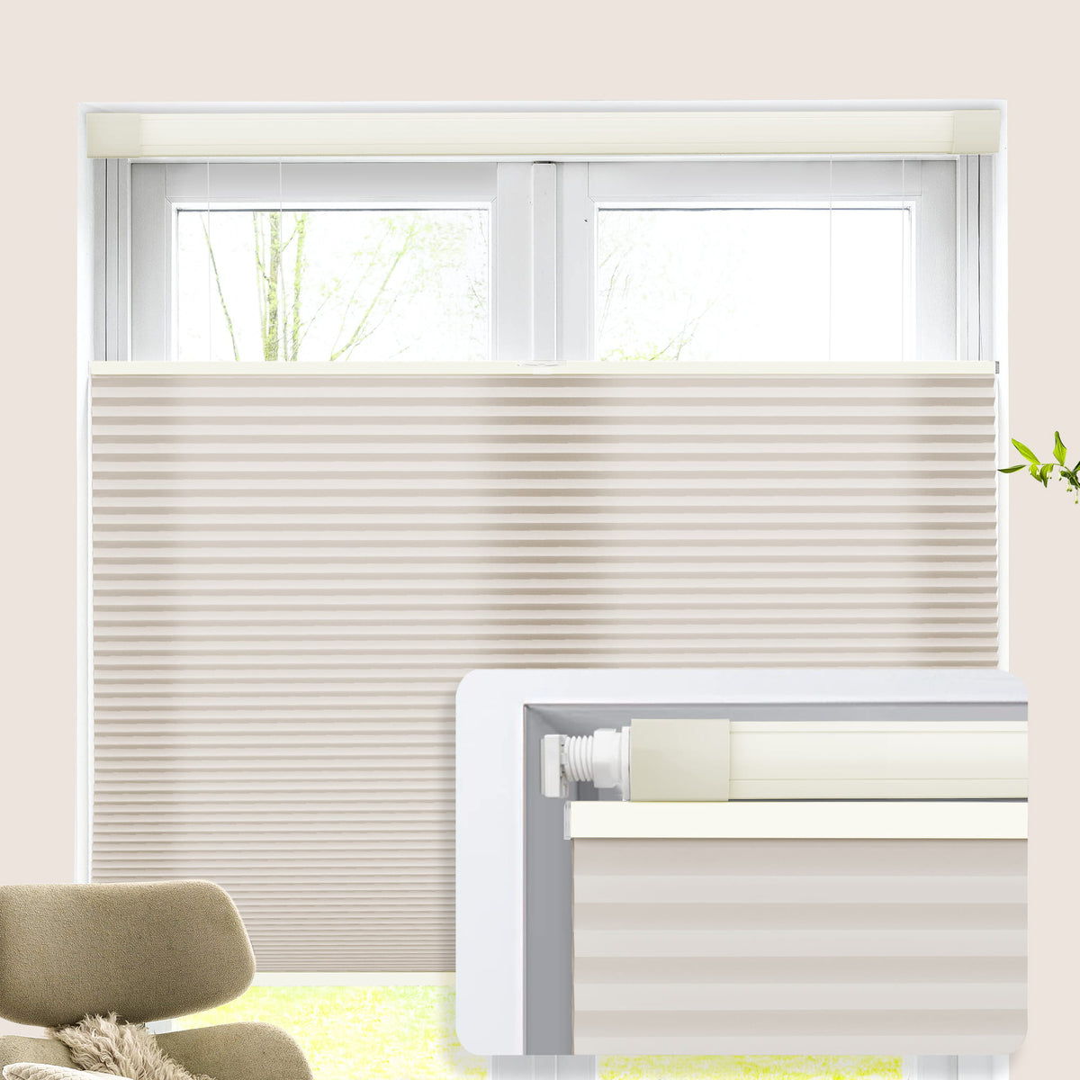 Beige top-down bottom-up no-drill cellular honeycomb shade: on a window