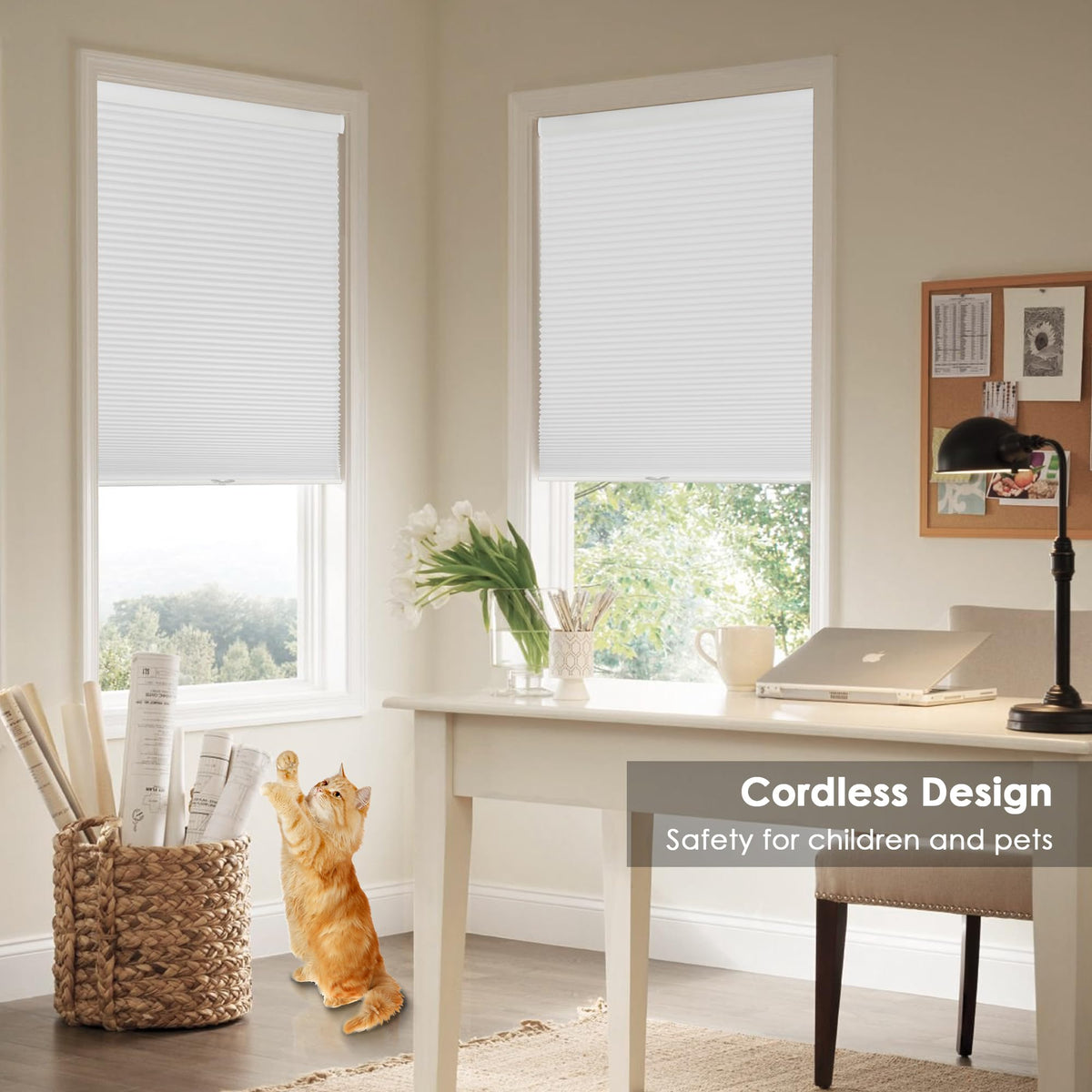 White cellular honeycomb shade: on paired windows