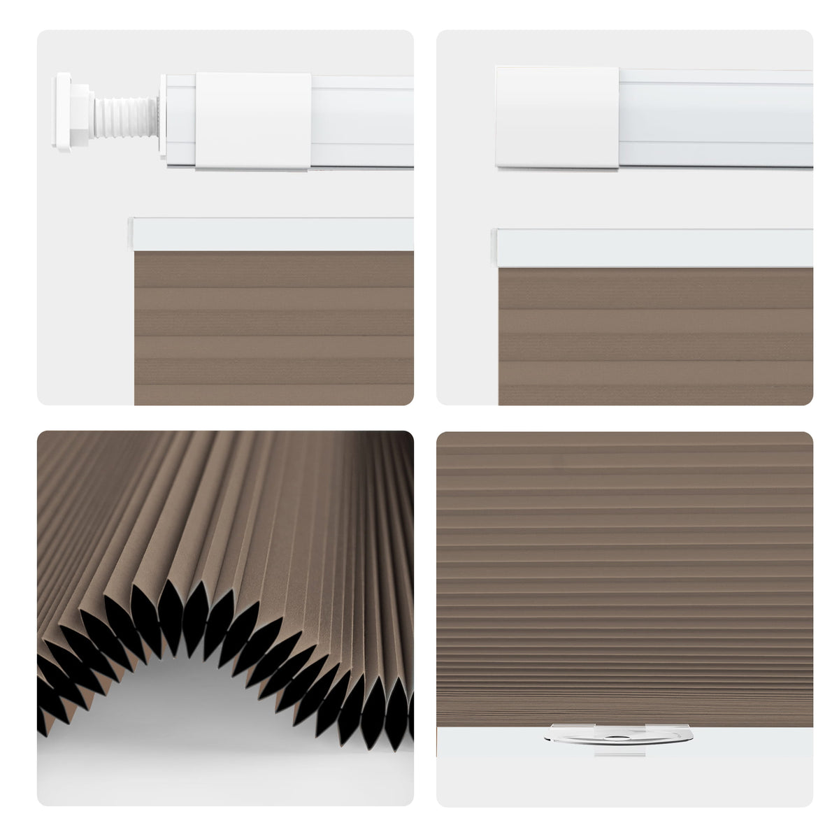 Brown top-down bottom-up no-drill cellular honeycomb shade: headrail, fabric and bottom rail details