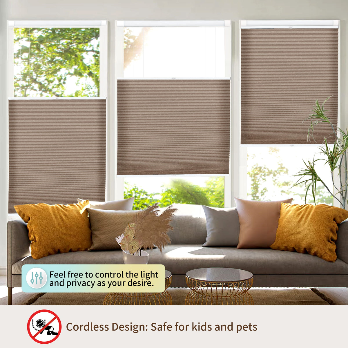 Brown top-down bottom-up no-drill cellular honeycomb shade: above a window seat