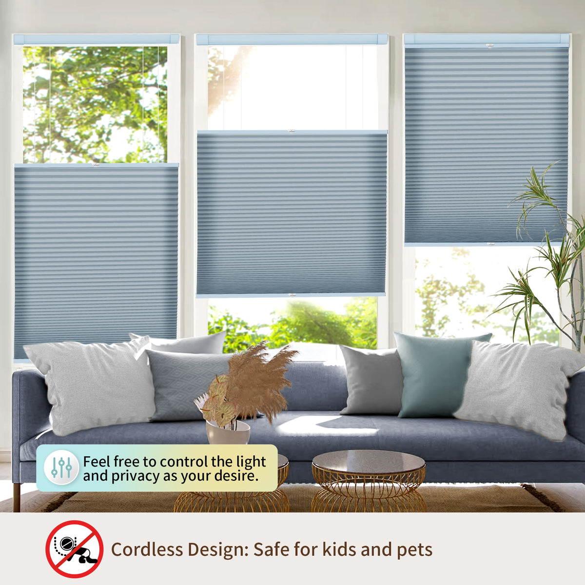 Blue top-down bottom-up no-drill cellular honeycomb shade: above a window seat