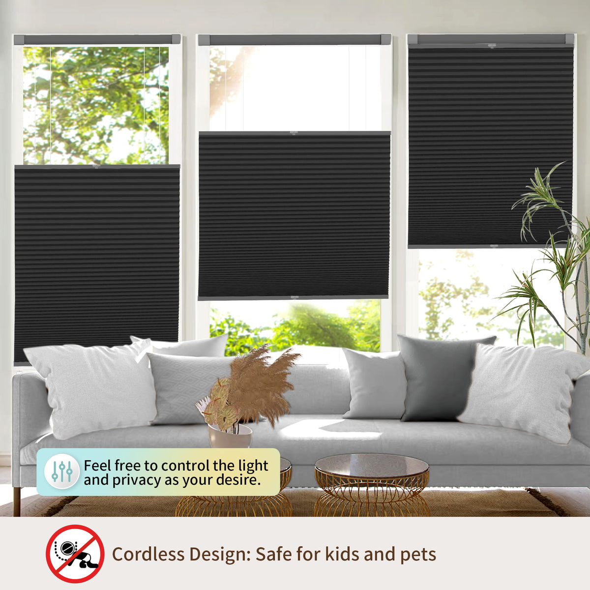 Black top-down bottom-up no-drill cellular honeycomb shade: above a window seat