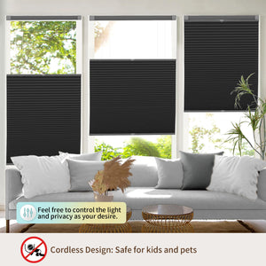 Black top-down bottom-up no-drill cellular honeycomb shade: above a window seat